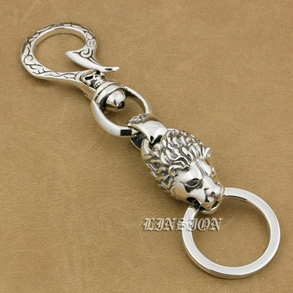 925 Sterling Silver Huge Heavy Skull Hook Lion Keychain Biker Rocker Punk Belt Clip 9T020