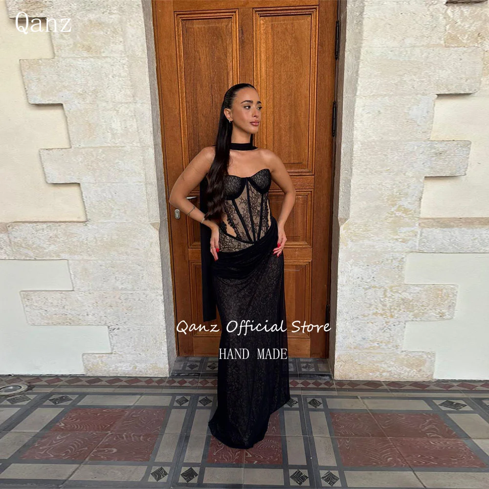 

Qanz Modern Black Lace Evening Dresses Mermaid Chiffon Sweethert Dresses For Wedding Guests Corset Vestidos De Fiesta Customized