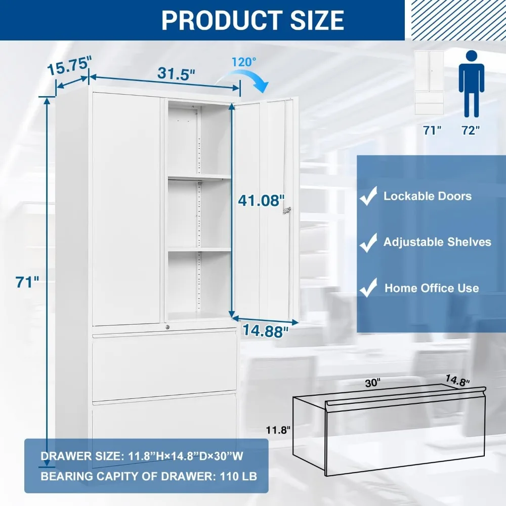 Steel Storage Cabinets with Lockable Drawers - Metal Lateral File Cabinets for Home Office Use