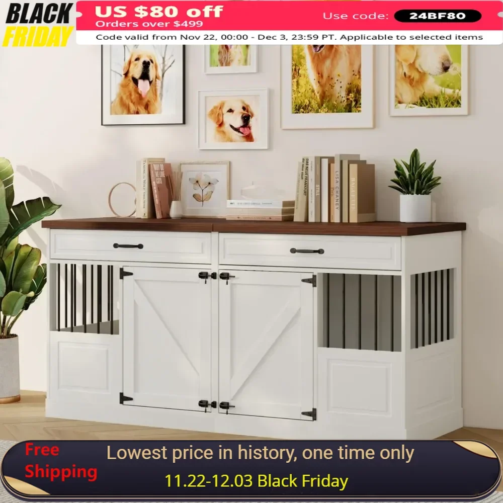 Large Dog Crate Furniture - Dogs Kennel Furniture for 2 Dogs with 2 Drawers and Removable Divider, Heavy Duty Dog Crate Table