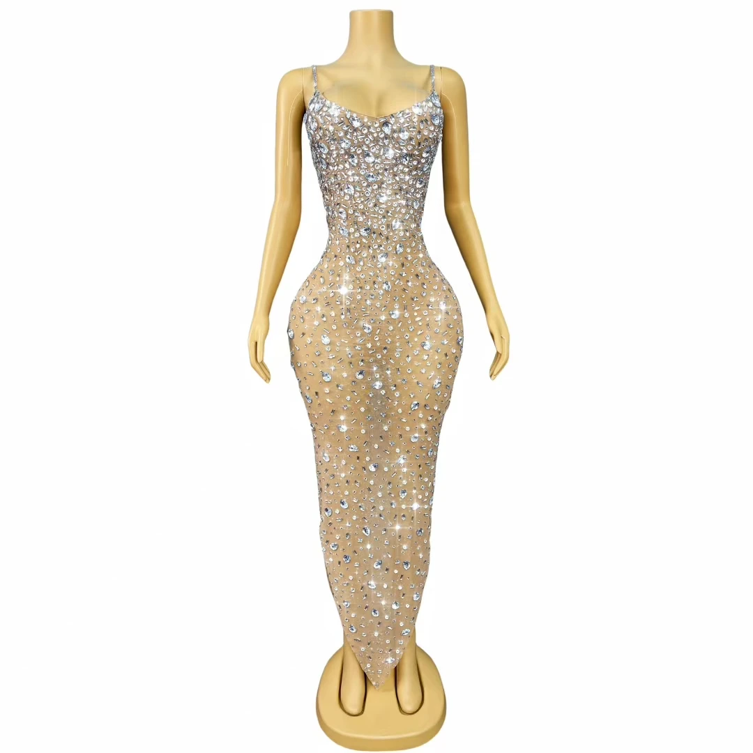 Xingshan Elegant Women High End Evening Dress Silver Diamond Perspective Mesh Strap Skirt Bar Celebrity Dancer Performance Dress