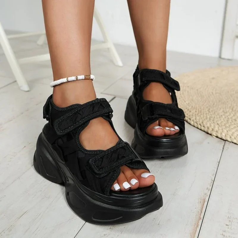 

Sandals Solid Color Pine Cake Bottom Adhesive Open Large Size Fish Mouth Elevated Thick Sole Sandals for Women 2024