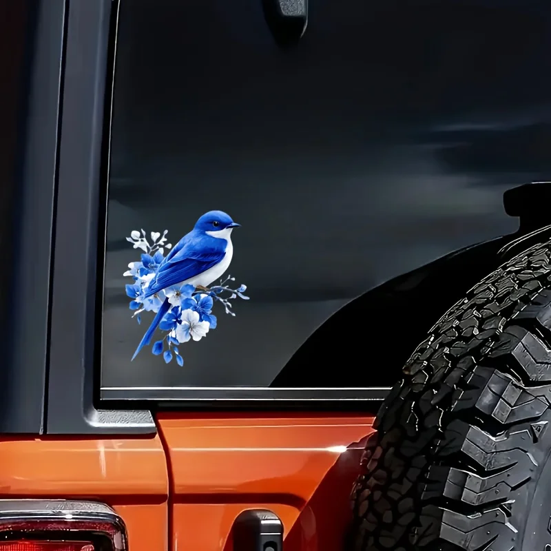 for Blue Bird Perched on Branches Blooming with Blue and White Flowers - Multifunctional Vinyl Sticker Decals