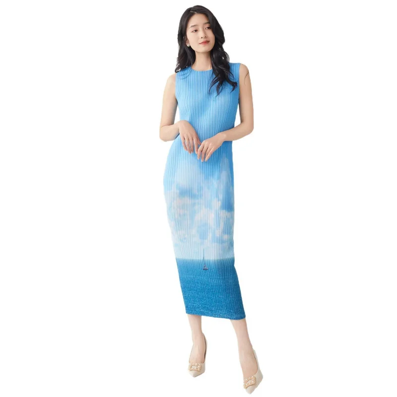 Das Miyake-Temperament strahlt einen Sinn für Luxus aus. Sommer neues mittellanges, ärmelloses, schlankmachendes, gerades Schlauchkleid [25220zsj-Z3078-26]