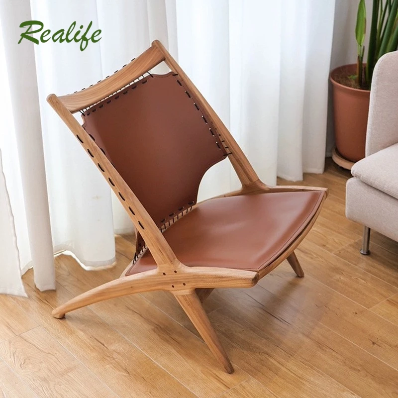 Realife Nordic Einzelperson Sattelleder Massivholz Rückenlehne Lounge Stuhl Zuhause Wohnzimmer Freizeit Faul Sofa Stuhl 2025, Neu