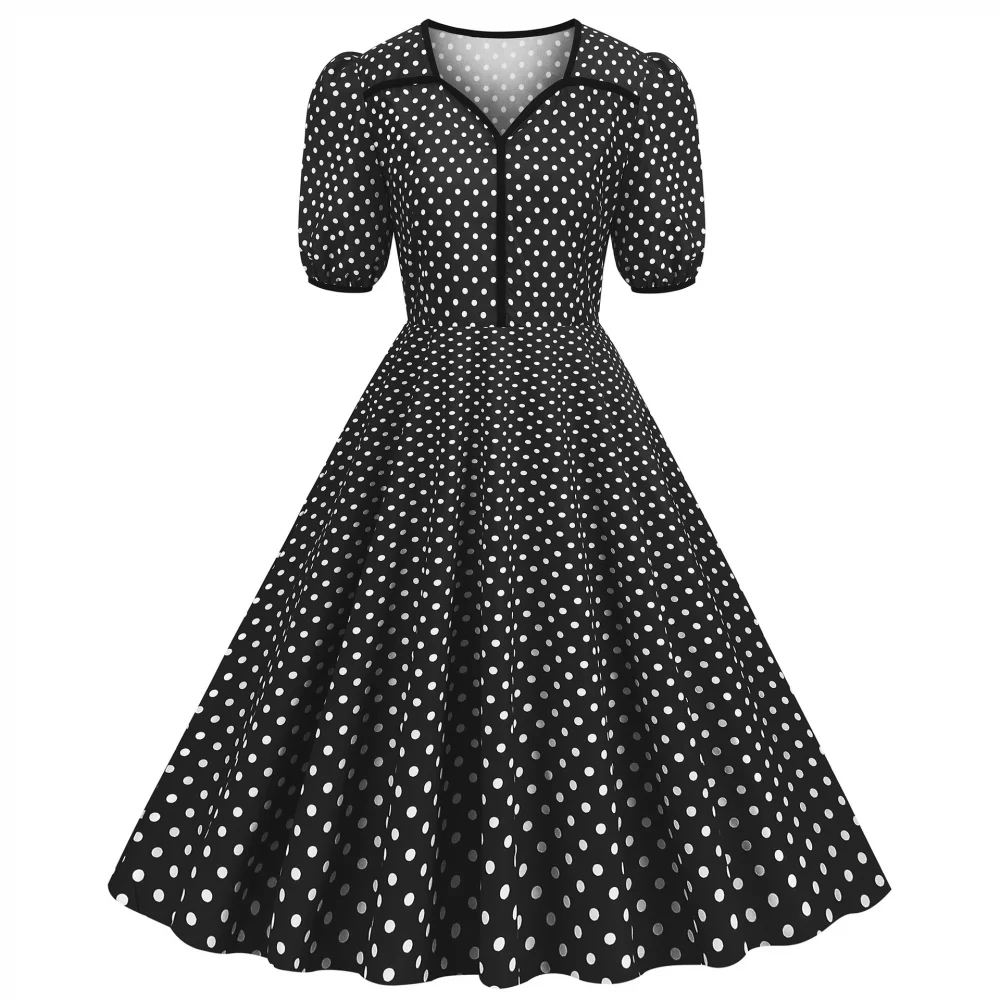 Gaun Prom Rockabilly Polka Dot Antik 50S 60S Kerah Takik Wanita Gaun Midi Pesta Ayun Koktail Kerah V Lengan Pendek