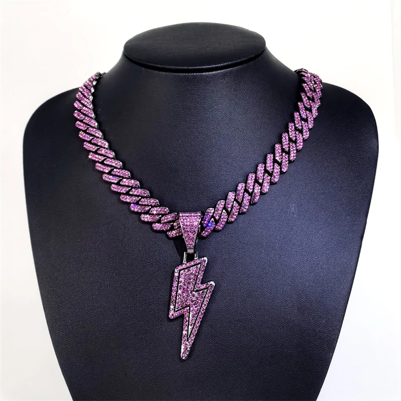 

Hip Hop Full Purple CZ Zircon Lightning Pendants Necklace For Men Women'S With 20inch Iced Out Miami Cuban Chain Jewelry