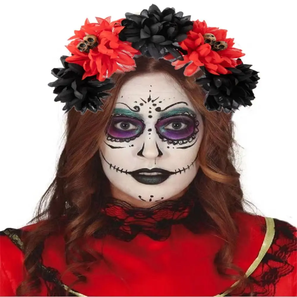 Day of The Dead Halloween Rose Flower Headband Black Veil Wedding Mexican Rose Flower Crown Headband Costume Cosplay Party