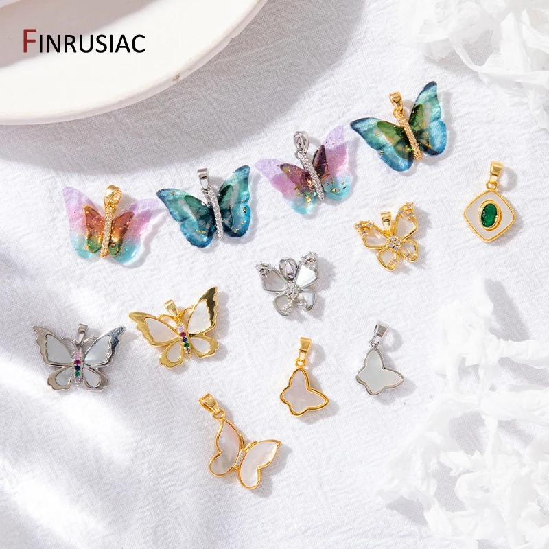 DIY Jewelry Making Supplies 14K Gold Plated Brass Shell Zircon Colorful Butterfly Charm For Necklace Making Accessories