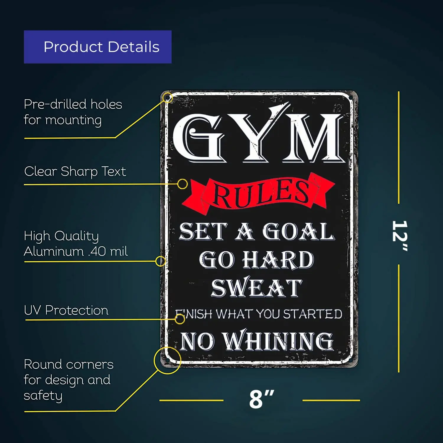 Metal Tin Signs Gym Rules Set A Goal Go Hard Sweat Finish What You Started No Whining Funny Vintage Tin Sign 12 x 8 Inch Wall Ar