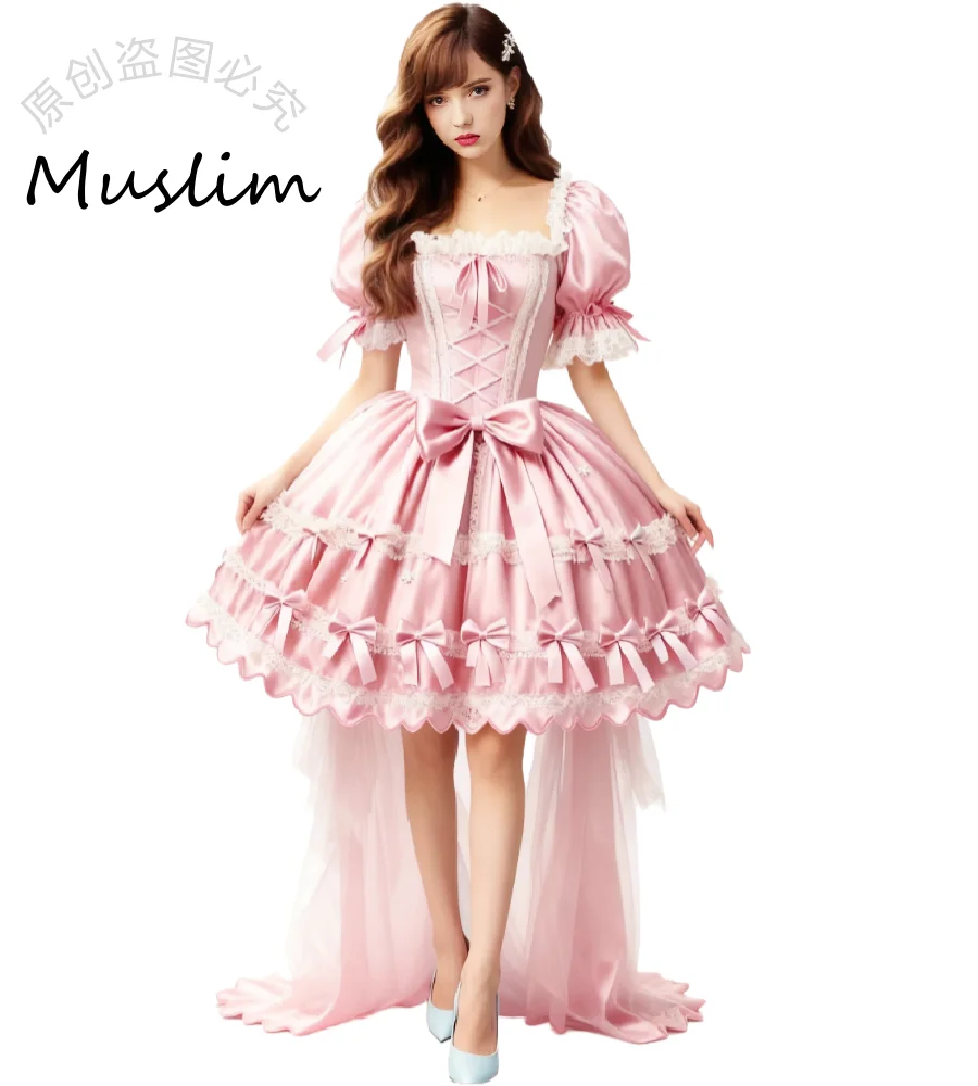 Robe Lolita rose classique avec traîne, Mini robe de soirée courte Vintage avec nœud, manches bouffantes, dentelle, robe de soirée Cosplay, Anime coréen