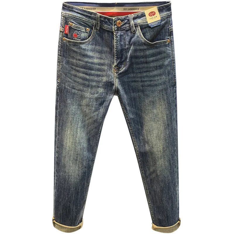 High-end retro gewassen denim jeans voor heren in noodlijdende rechte pijpen, casual ontwerp, trendy merk bedrukte slim fit broek