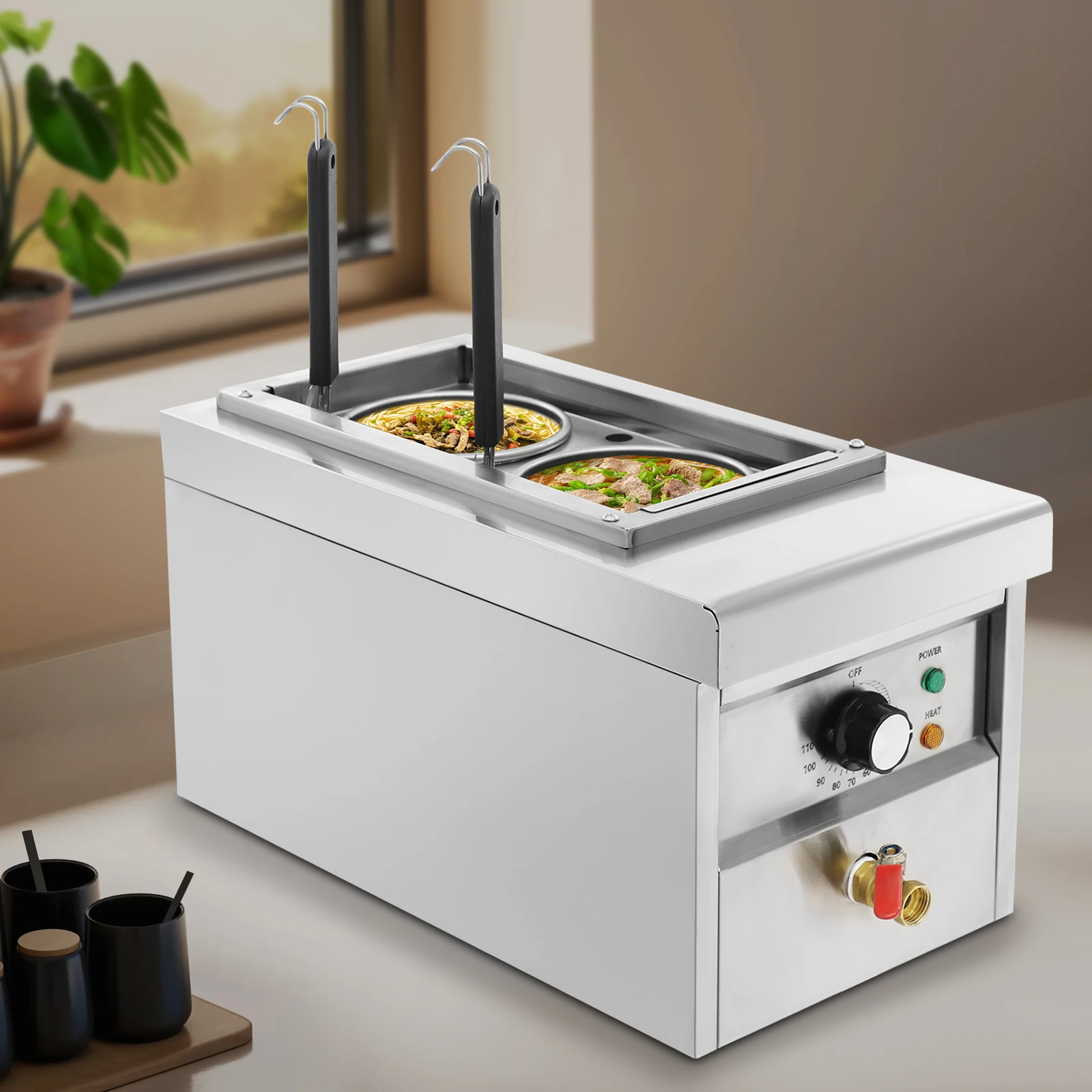 2穴電気商業シルバーパスタクッカー、110V 201ステンレス鋼長方形パスタボイラー米国標準オフィス用