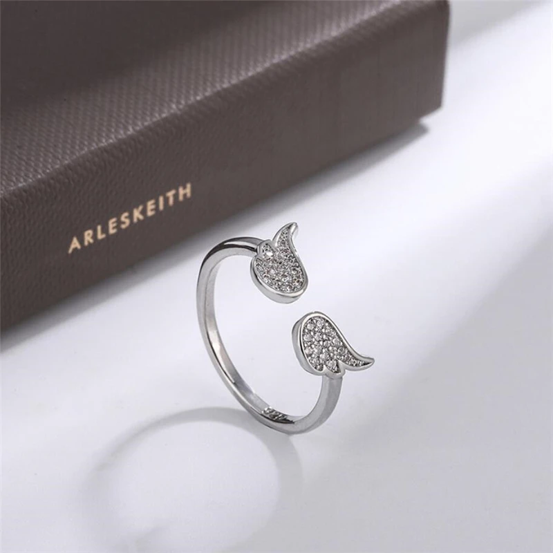 Sole Memory Zircon Angel Wings Cool 925 Sterling Silver Fine Female Resizable Opening Rings RI1001