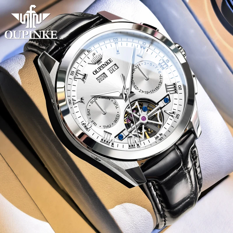 OUPINKEWatches Man 3281 Luxury Automatic Mechanical Watch﻿ 50M Waterproof Watches For Man Original High Quality Leather Strap