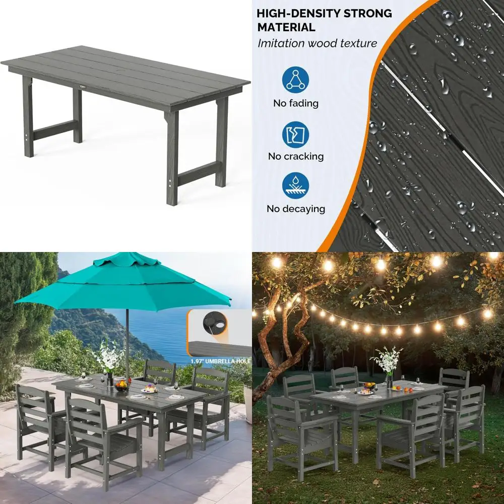 Rectangular HDPE Weather-Resistant Outdoor Dining Table for 6 with Umbrella Hole