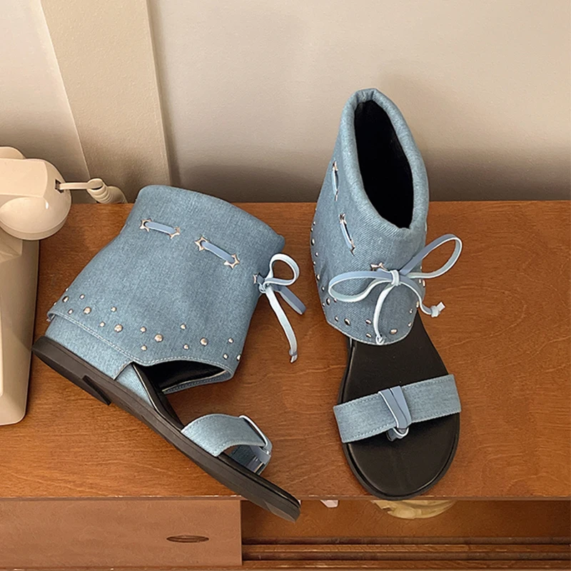 Cowboy Clip Toe Flats Sandals Bow Women Designer Ankle Shoes Fashion Walking Trend Goth Cool Boots Comfort Mujer Zapatos