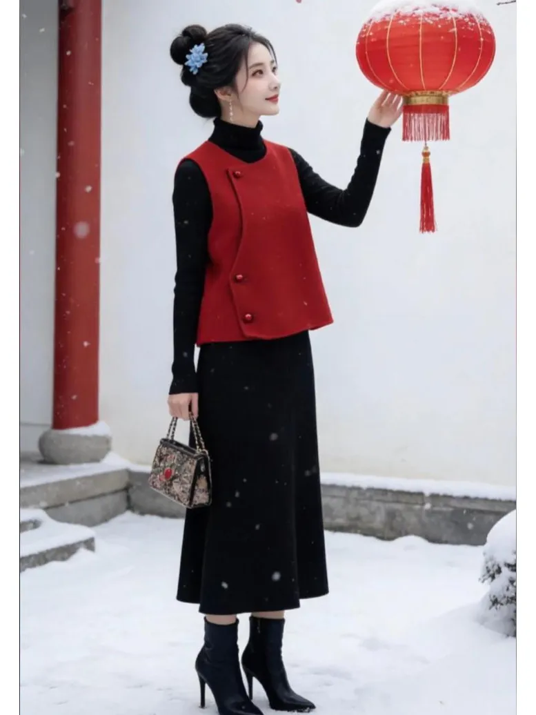 

Красный укороченный жилет без рукавов для женщин больших размеров: осенне-зимняя новинка в стиле Хепберн, модная универсальная верхняя одежда