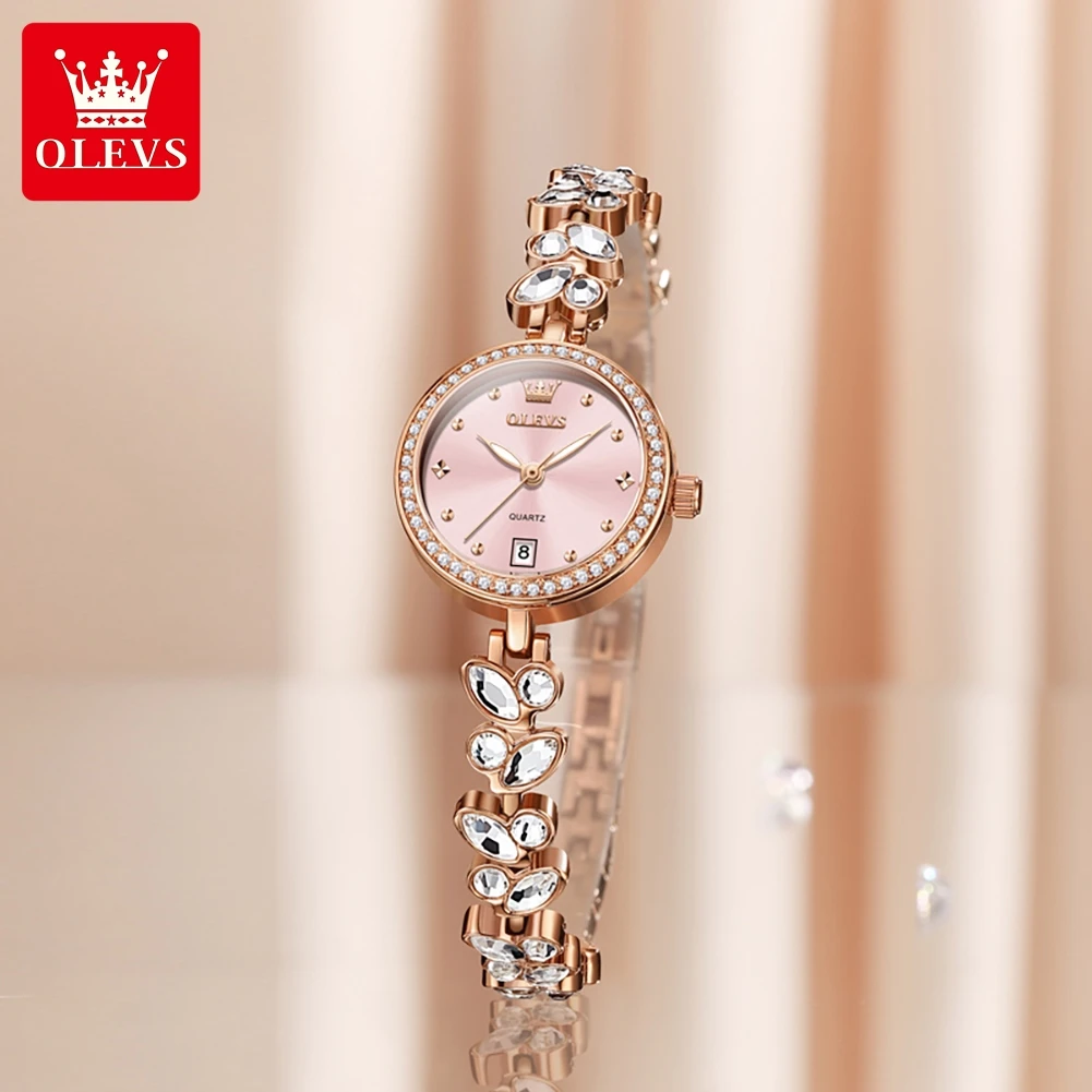 

OLEVS 5679 Женские часы с автоматической датой и бриллиантовым циферблатом и бриллиантовым ремешком Элегантные женские кварцевые часы