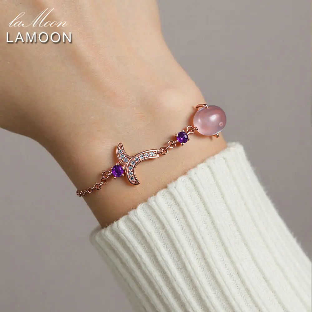 

LAMOON браслет из натурального розового кварца с драгоценными камнями для женщин, роскошный элегантный овальный розовый браслет из стерлингового серебра 925, ювелирные изделия HI051