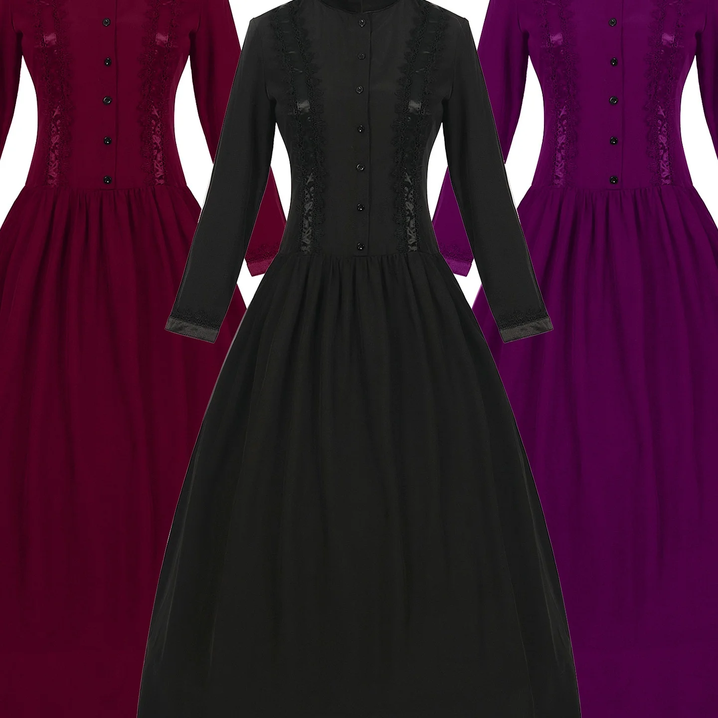 Nowy Średniowieczny Strój Damski Długi z Wysokim Kołnierzem i Szerokim Dołem Vintage Halloween Modny Tradycyjny Strój Sceniczny