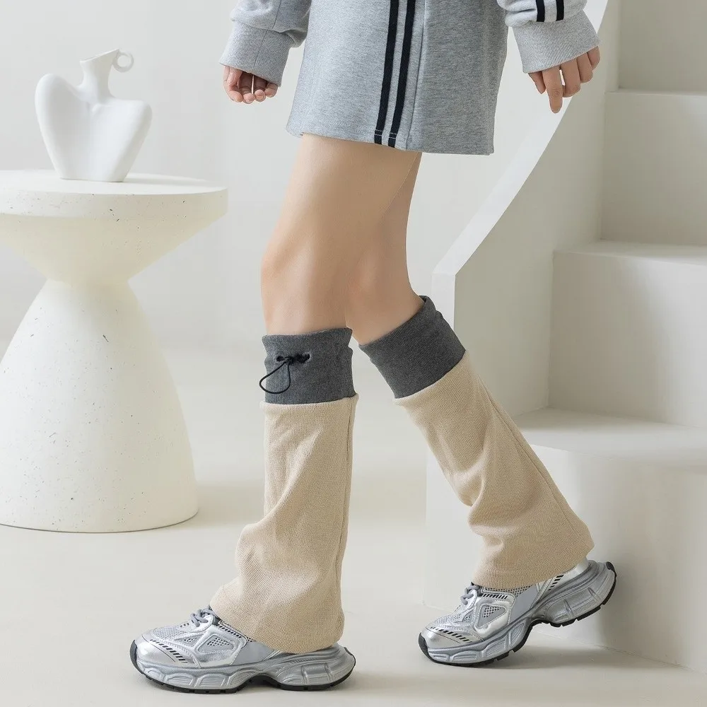 1 pair Middle Tube Leg Warmers Breathable Gray Spliced Foot Cover Adjustable Buckle Drawstring Closure Boot Cuffs Autumn Winter