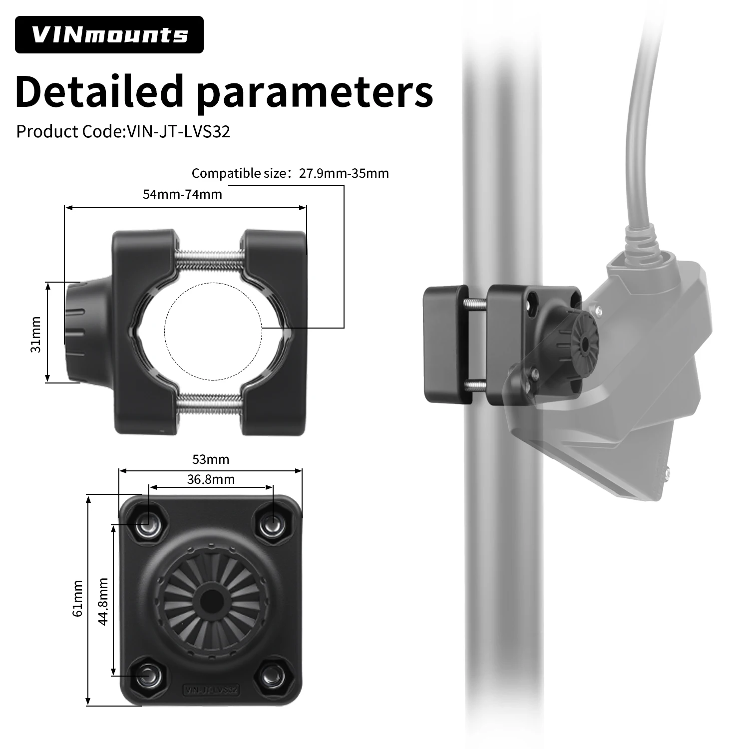 VINmounts Zero Degree Fish Finder Transducer Mount,Compatible with Garmin Livescope LVS32 for Pole & Trolling Motor VIN-JT-LVS32