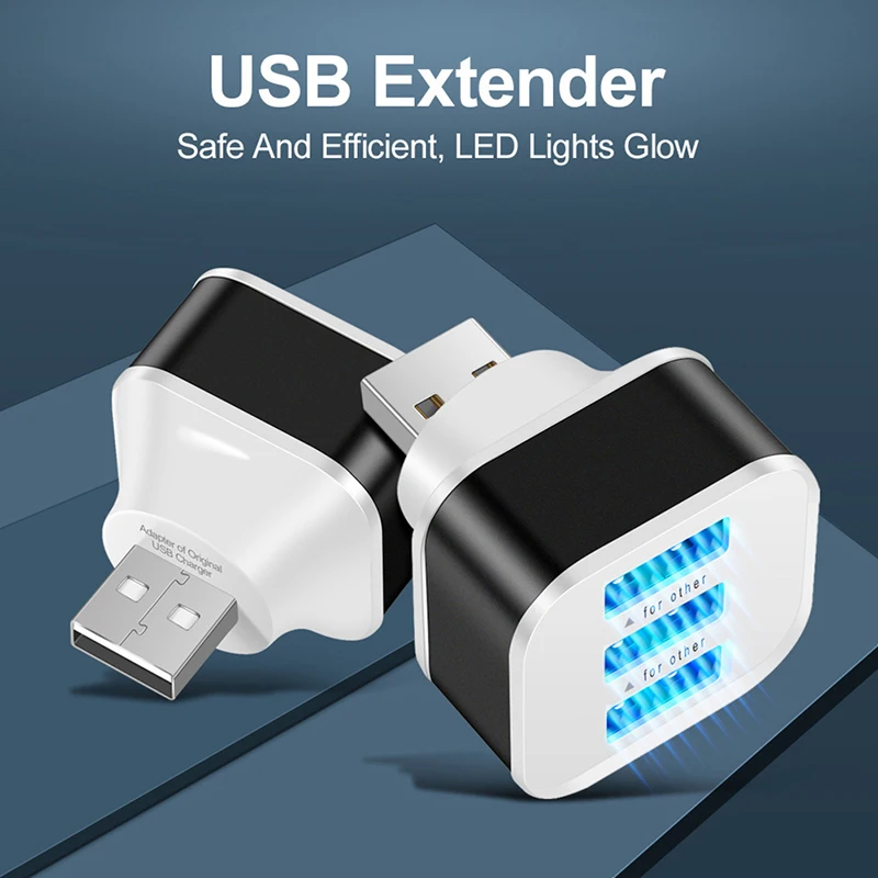 Extensor de carregamento USB para carro, divisor USB estendido de 3 portas com luz indicadora, Plug and Play, 3 em 1, Smart Phones Hubs, 2.0