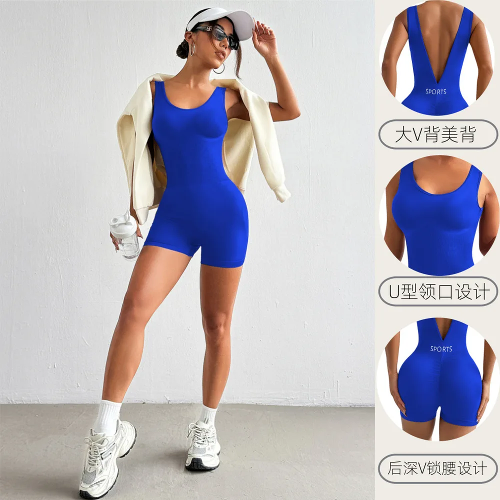 

European American Deep V Waist Yoga Bodysuit Shaping Fitness Tight Short One-piece Sports Wear For