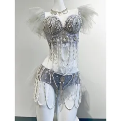 Sexy Nightclub Dancer Team Stage Wear Luxury Gray Rhinestones Pearl Bikini Tutu Mini Skirt Rave Outfits Music Festival Clothing