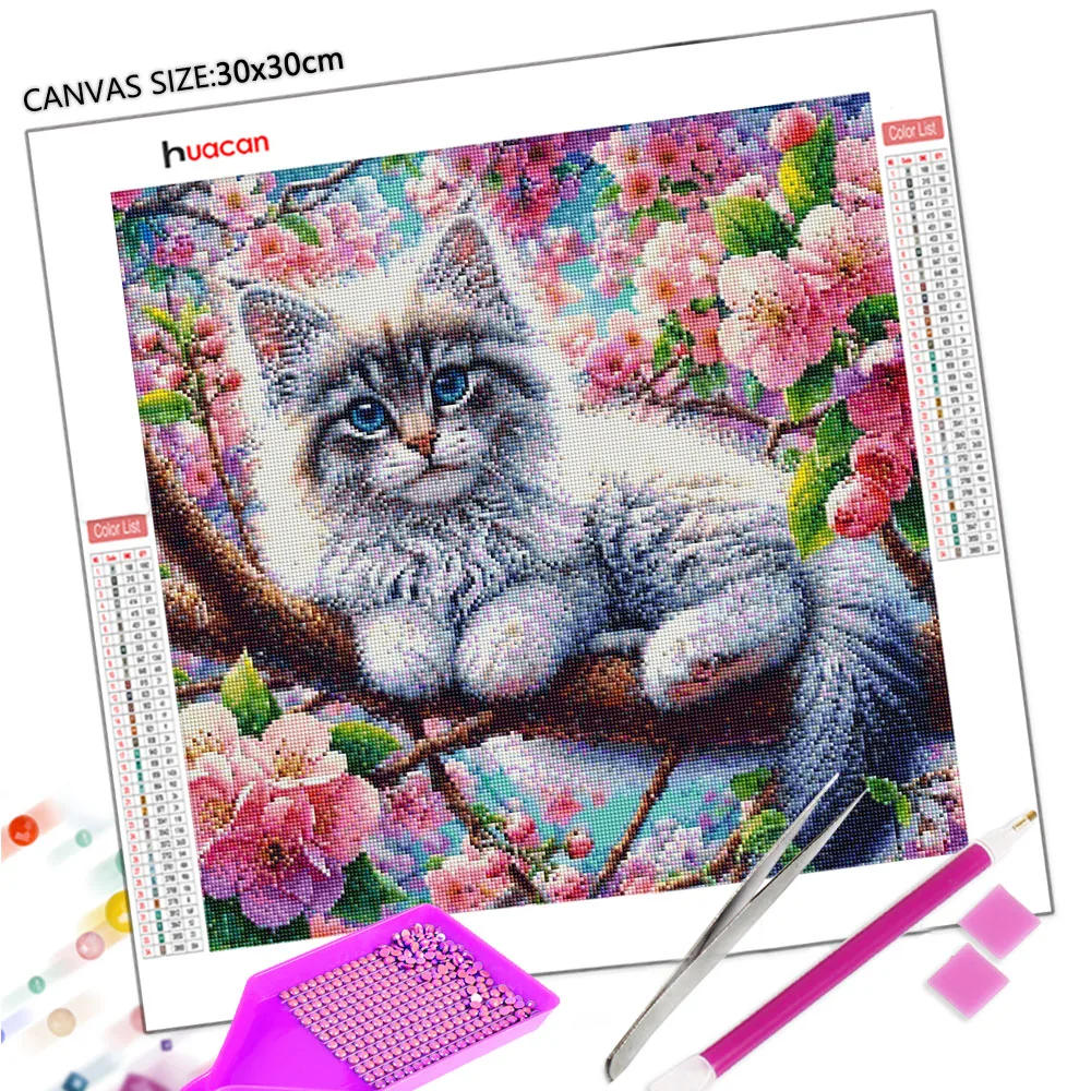 Huacan Diamond Painting Cat Plum Blossom Diamond Mosaic Animal Flower Complete Kit Decorative Paintings