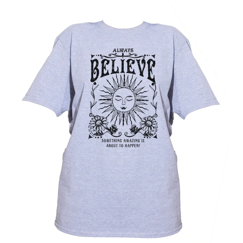 Vintage Witch Tee Shirt Always Believe Women Oversized Inspirational T Shirt Retro Celestial Mystical T-Shirts Hippie Boho Tops