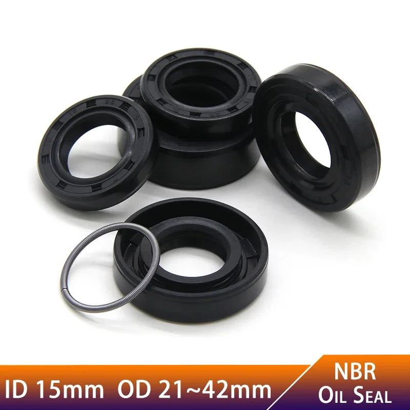 ID 15mm OD 21~42mm NBR Shaft Nitrile Rubber Oil Seal TC-15*22/24/25/26/28/30/32/35/40/42*5/7/8/10 Nitrile Double Lip Oil Seal