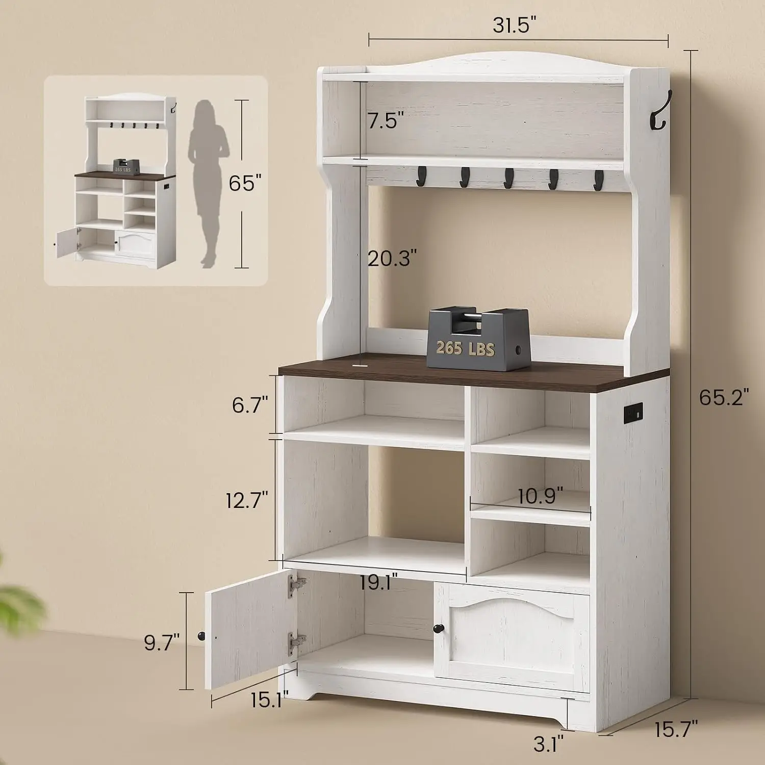 Bakers Rack with Storage and Power Outlet, 31.5 inch Farmhouse Coffee Bar Cabinet, Microwave Stand with Storage Cabinet, 7 Hooks