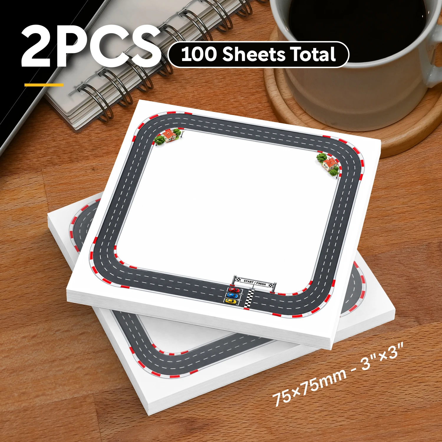 2PCS Racing Track Sticky Notes 100 Sheets Car Circuit Road Border Design Blank Memo Pads for Office School Daily Reminders
