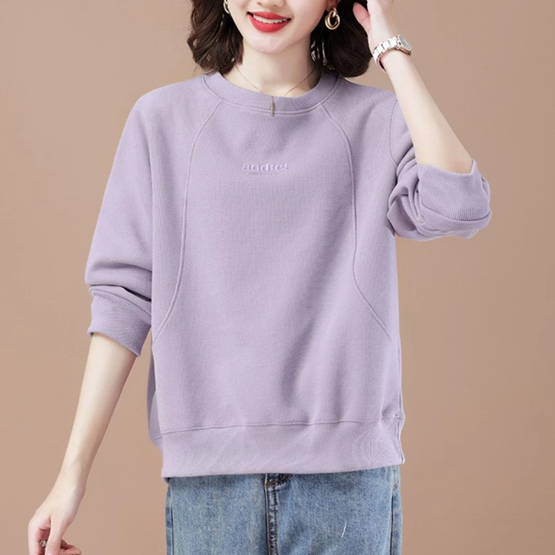 Spring and Autumn Women\'s Solid Color O-Neck Long Sleeve Spliced Embroidery Letter Loose Pullovers Classic Fashion Casual Tops