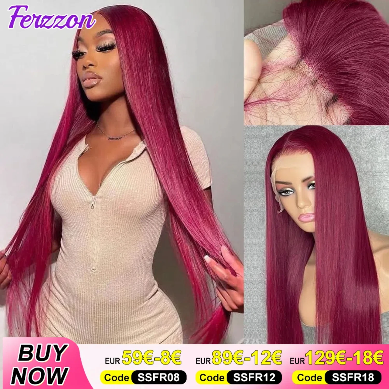 Burgundy Straight Human Hair Wigs 99j Density 180% 13x4 Burgundy Frontal Wig Pre-Plucked Wine Red Body Wave for Women 3 Days Delivery France