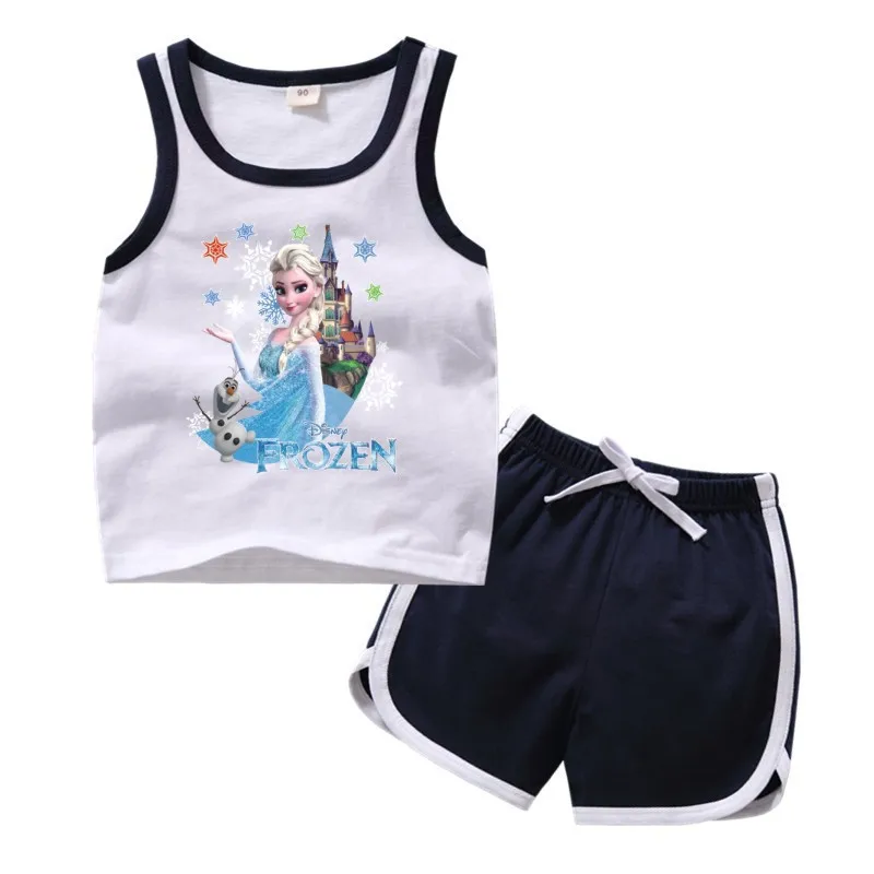 Summer Girl Vest Printed Castle Ice and Snow Princess  Short Sleeved Shorts Two Piece Set for Kids  Two Piece Set