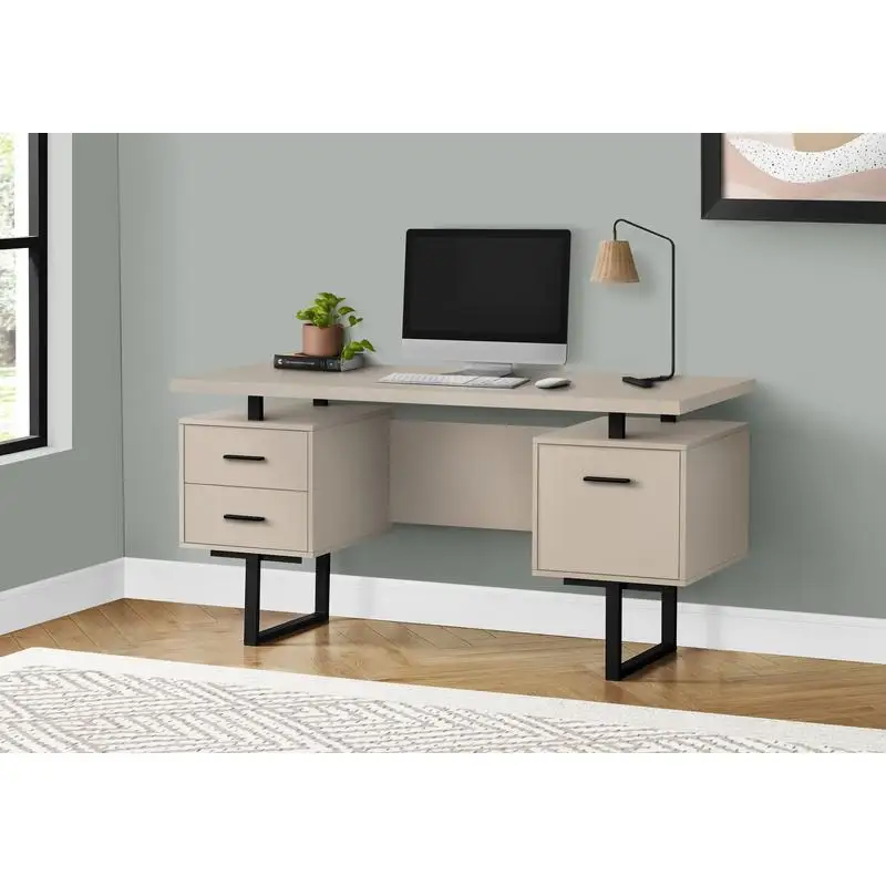Bureau d'ordinateur contemporain de 60 po avec tiroirs de rangement, stratifié beige et métal noir, configuration moderne pour ordinateur portable, gauche/droite