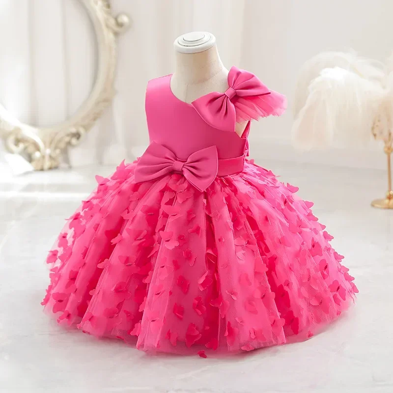 Flower Girl Dress for Wedding 1-5Y Baby Birthday Party Princess Dress One-shoulder Cute Prom Tutu Gown Pink Mesh Baby Dresses