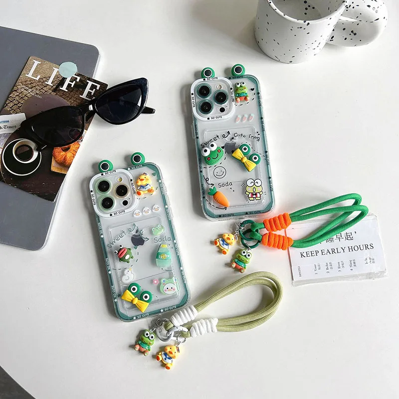 

Cute 3D Frog Duck Phone Case With Lanyard For IPhone17161514 13Pro Max Soft Silicone Clear Cover Shockproof Protective Back Case