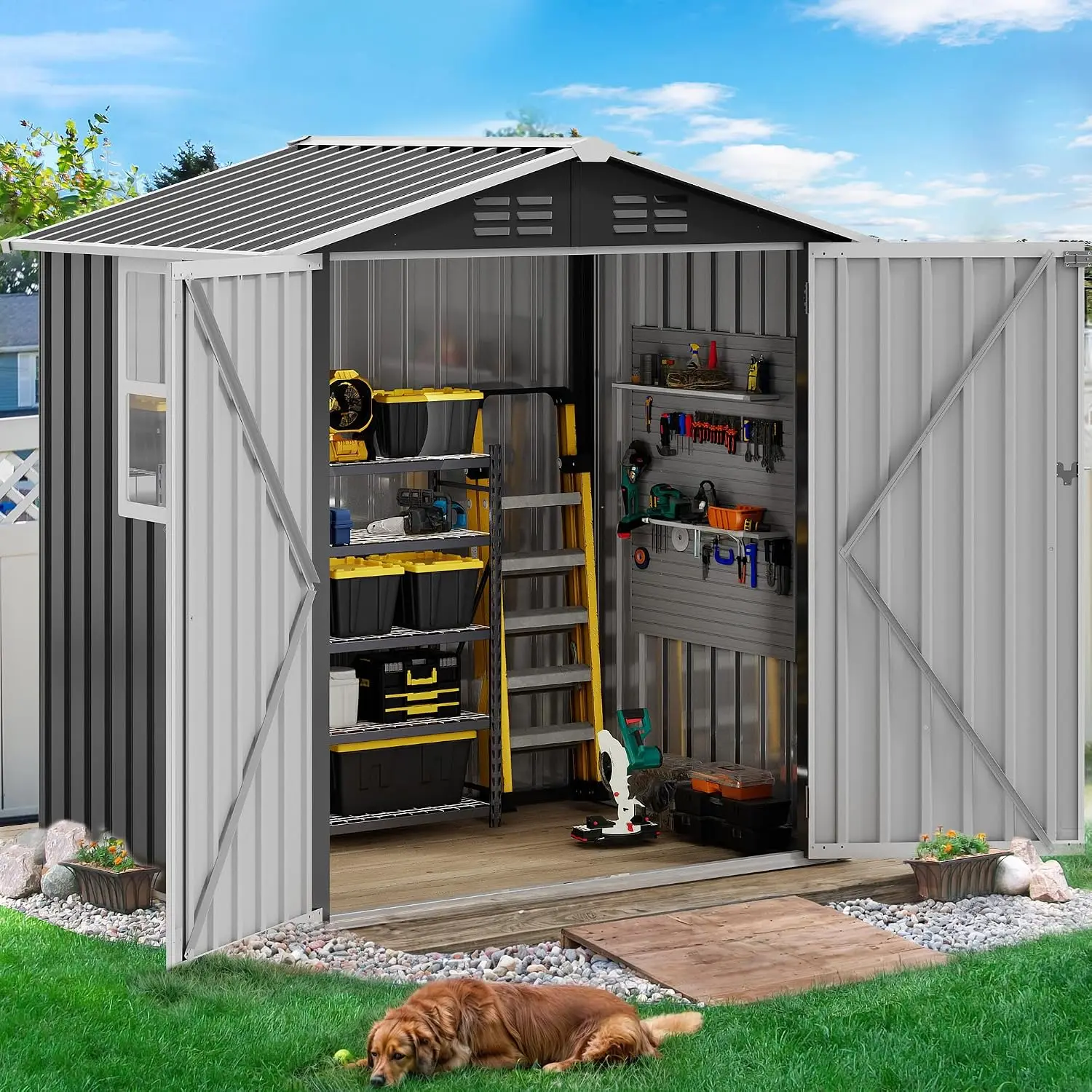 Metal Shed Outdoor Storage Patio Heavy-Duty Unit Window Vents Lockable Door Tools Equipment Trash Bins 6x4ft, Customized