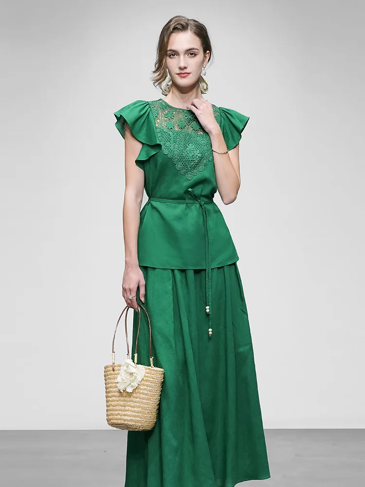 

Summer 2026 Lace Splice Bell Sleeve Linen Set High Waist A-Line Skirt Midi Length Top Versatile Fashionable Women's Outfit