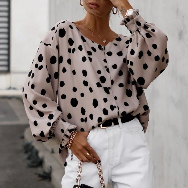 

Fashion Polka Dot Leopard Print Blouse Woman Casual V-neck Button Up Long Sleeve Shirt Women Elegant Loose Office Lady Top 28211