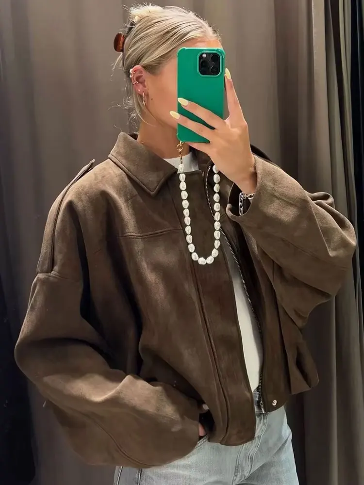 

HH женские уличные замшевые текстурированные куртки с длинными рукавами и отложным воротником на молнии, эластичные однотонные весенние пальто, женские модные