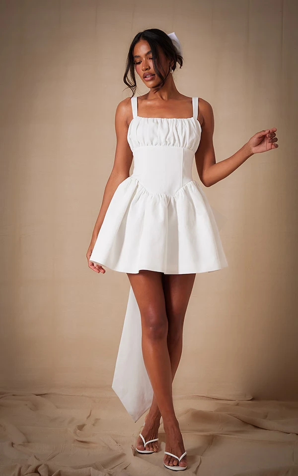 

Customized Casual Jersey Bow Pleat A-line Spaghetti strap Mini Dresses Bespoke Occasion Dresses Modern Style Classic Simple
