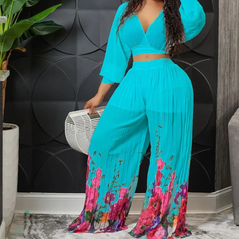 

Plus Size 2024 Fashion Set New Women'S V-Neck Bat Sleeves Chiffon Top Folded Wide Leg Pants Two Piece Set Large Women'S Set