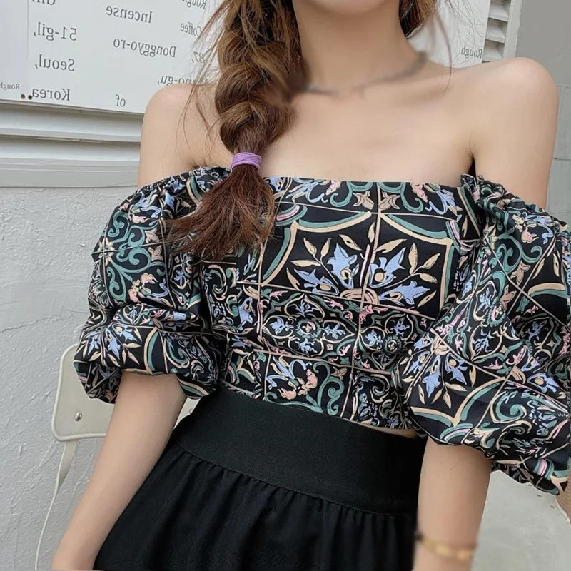 Women\'s Floral Print Square Collar Crop Tops Puff Short Sleeve Chiffon Shirt Fashion Elegant Off-Shoulder Bodycon Blouse Summer