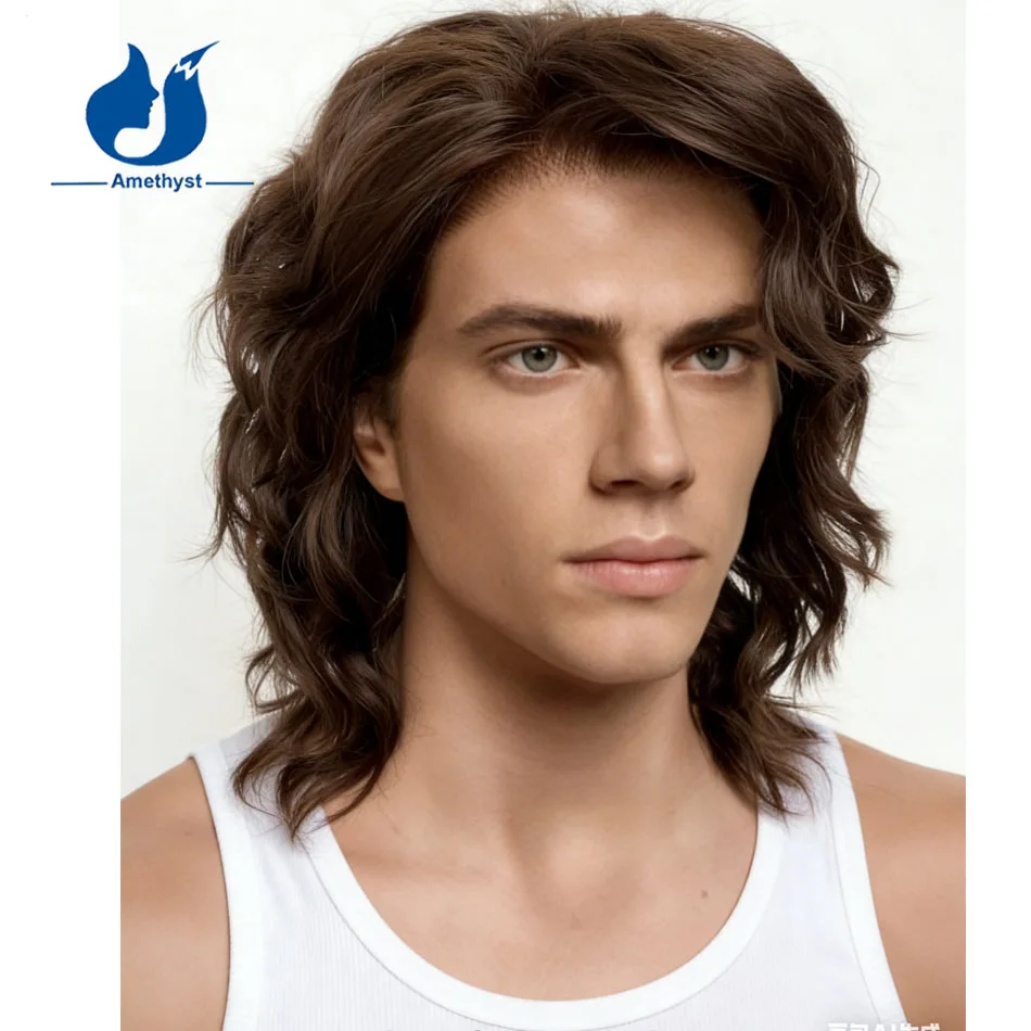 Amethyst Wavy Dark Brown 13x6 Lace Front Wig for Men Brazilian Human Hair Side Part 10 Inches Remy Fashionable Male Hair System