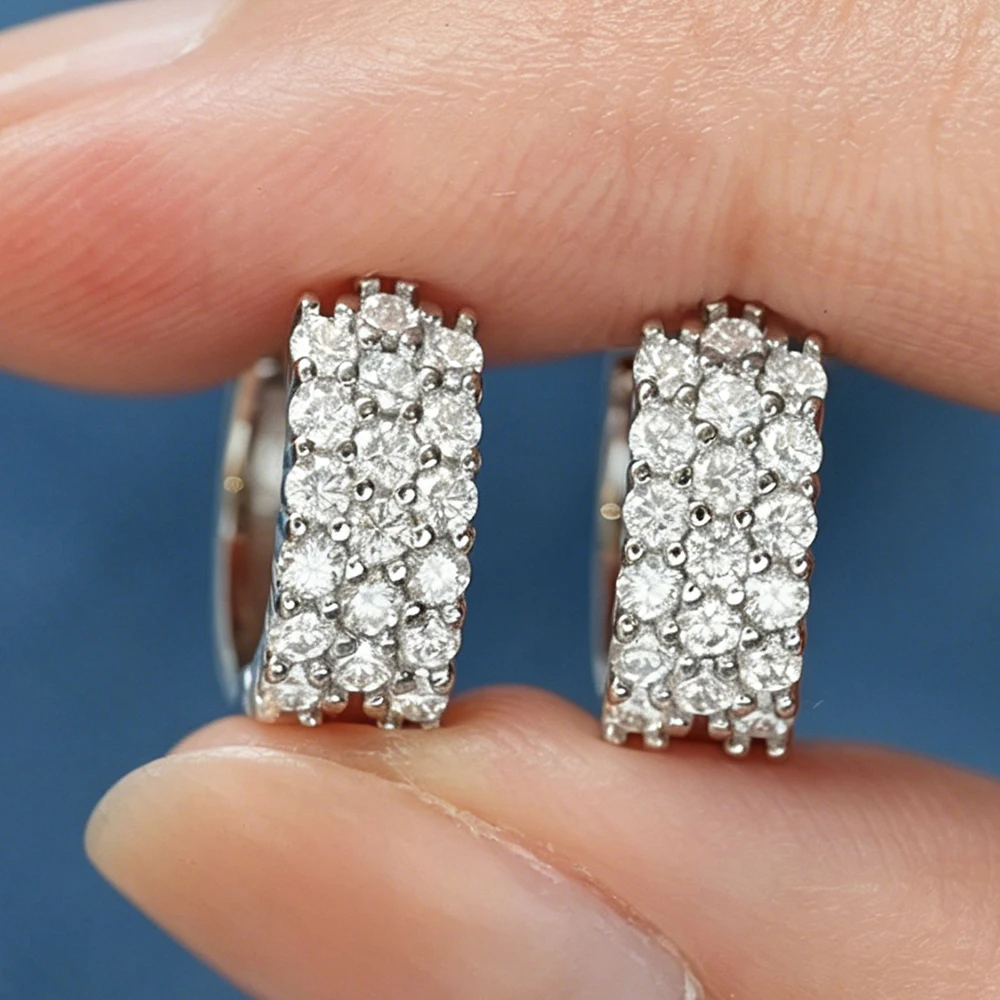Full Moissanite Hoop Earrings for Women 3 Row Lab Diamond GRA Certified 925 Sterling Silver Wedding Fine Jewelry Party Gifts